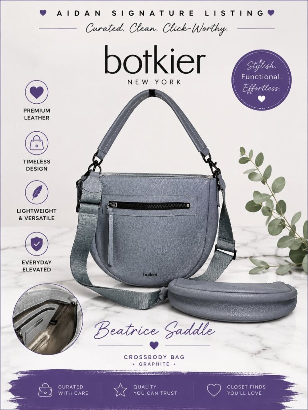Botkier Beatrice Saddle Leather Crossbody Shoulder Bag Graphite Gray Pebbled Lea